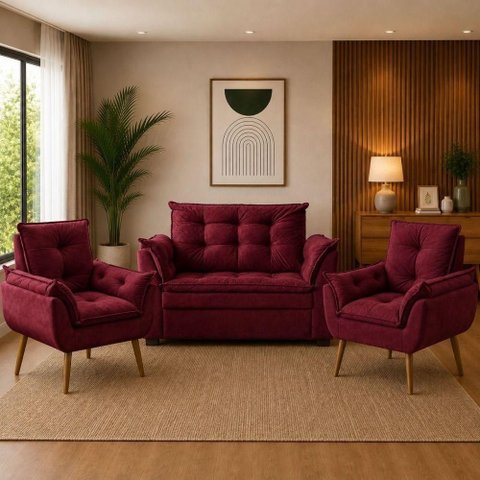 Sofá Conjunto Poltrona e Sofá Pequeno 2 Lugares Fixo 140cm Bordô Suede