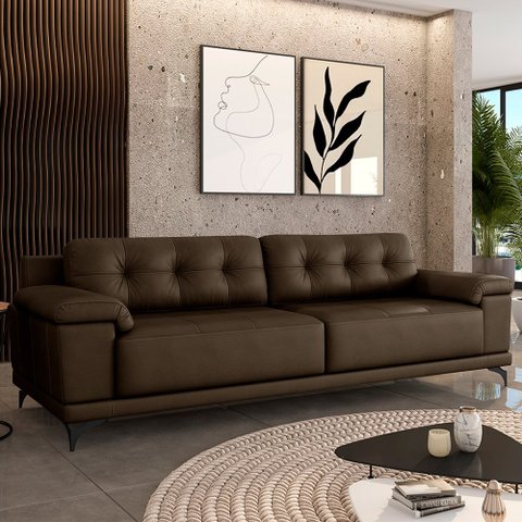 Sofá Living 4 lugares 272cm Agostino Pés Design em Ferro Couro Cappuccino G52 - Gran Belo