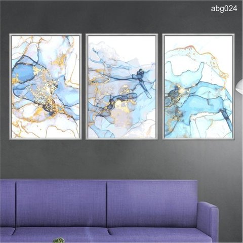 Kit 03 Quadros Decorativos Marmore Azul e Dourado Abg024 Vidro com Impressão Uv 40x60cm Cada