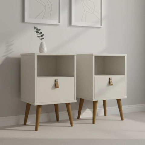 Kit 2 Mesas de Cabeceira Off White Retrô com Gaveta e Nicho
