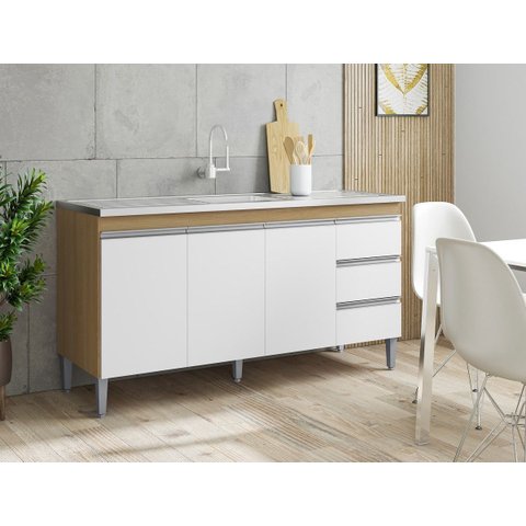 Balcão de Cozinha para Pia Andréia 150cm Amêndoa/branco S/ Tampo - Ajl Móveis