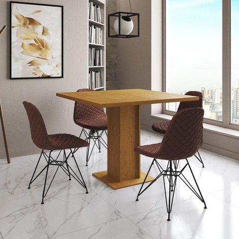 Mesa Jantar Londres Quadrada Canela 90cm 4 Cadeiras Eames Estofadas Caramelo Ferro Preto