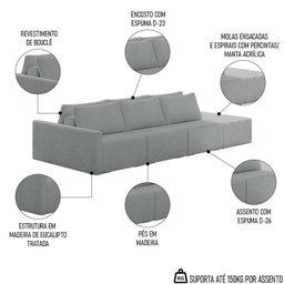 Sofá Ilha Modular com Puff para Sala Living 342cm Georgia K04 Bouclê Cinza - Mpozenato - 5