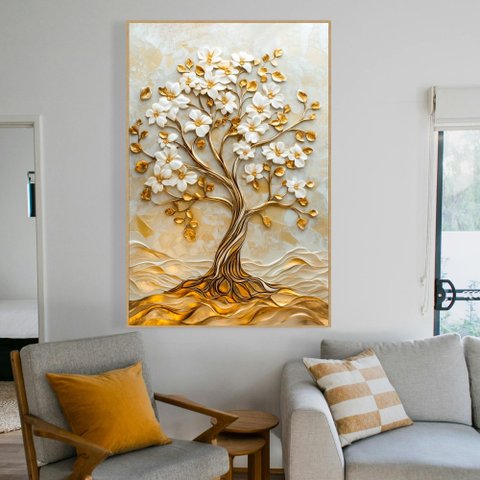 Quadro Décor Árvore 3d com Ondas Flores Brancas Folhas Douradas Sala Quarto Casa Escritório
