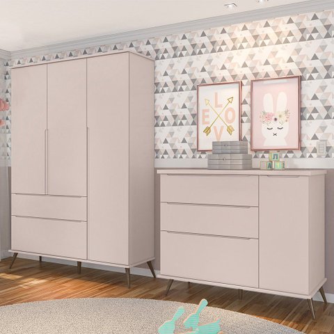 Jogo de Quarto Infantil Guarda Roupa e Cômoda 100% Mdf Melinda Rosê - Phoenix Phoenix Baby