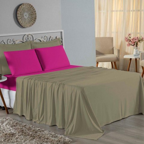 Jogo de Cama Casal Viúva Nobre 4 Peças Malha 100% Algodão - Avelã / Pink