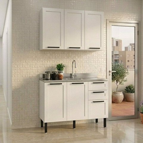 Cozinha Compacta Modulada Americana 5 Portas 3 Gavetas sem Tampo MDF Grazi Branco