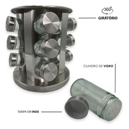 Porta Condimentos e Temperos Giratório com 12 Potes em Aço Inox e Vidro - 2