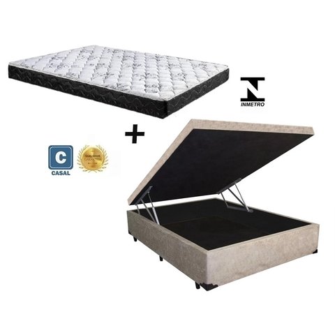 Cama Baú Casal Bege Suede + Colchão Espuma D20 138x188x12