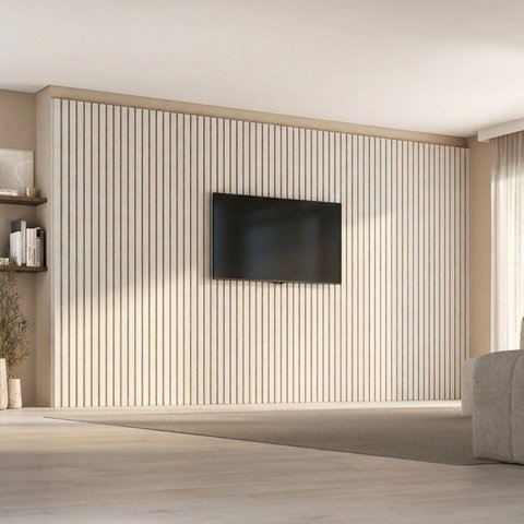 Painel Ripado para TV até 86 Polegadas Planejado 400x250cm Aruá CabeCasa MadeiraOriginals Off White