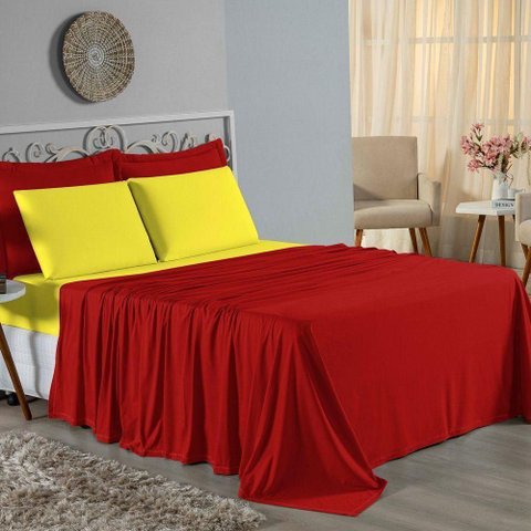 Jogo de Cama Casal Viúva Nobre 4 Peças Malha 100% Algodão - Vermelho / Amarelo