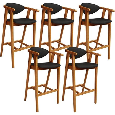 Kit 05 Banquetas Alta Cozinha Bancada Bar Sala de Jantar Fixa Cecília L02 Couríssimo Preto