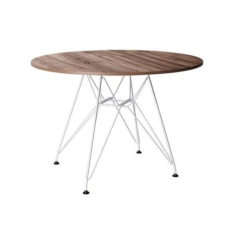 Mesa Eiffel Redonda 110cm Tampo de Madeira Amendôa com Base de Ferro Branco