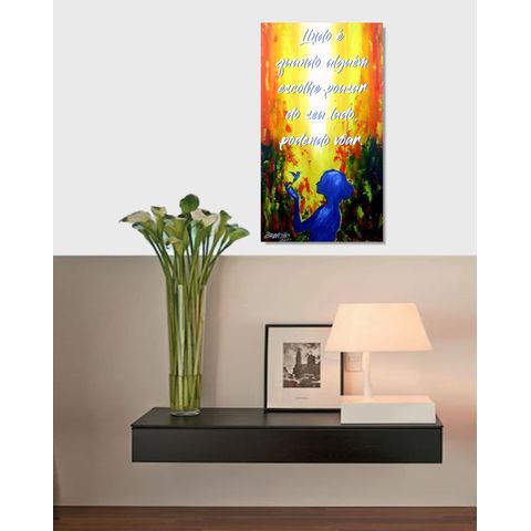 Quadro em Óleo para Decoração com Frase Motivacional Pintado a Mão Medindo 61 X 34 Cm