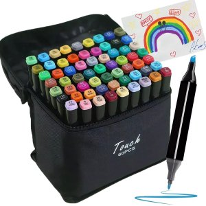 Estojo Canetinhas 60 Cores Caneta Permanente Ponta Dupla Marcador Bolsa Faculdade Trabalho Arte Arqu