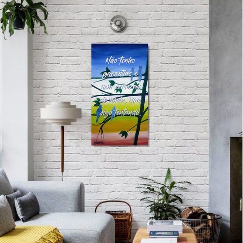 Quadro Decorativo Pintado a Mão de Pássaros com Frase Medindo 34 X 61 Cm