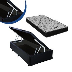 Cama Box Baú Solteiro Colchão Espuma D33 Bordado + Box Sintético Preto Sp Móveis 53x78x188