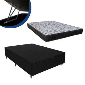 Cama Box Baú Casal Colchão Espuma D33 Bordado + Box Suede Preta 65x138x188