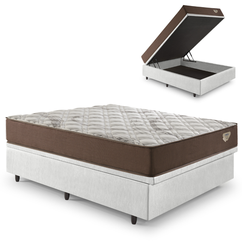 Cama Box com Baú 138x188 com Colchão Casal Relax Adorabile Molas Ensacadas Ecoflex Courino Linho