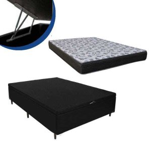 Cama Box Baú Casal Colchão Espuma D33 Bordado + Box Suede Preta 67x138x188