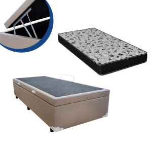 Cama Box Baú Solteiro Colchão Espuma D33 Bordado + Box Sintético Bege  Sp Móveis 56x88x188