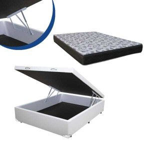 Cama Box Baú Casal Colchão Espuma D33 Bordado + Box Corino Branca 67x138x188