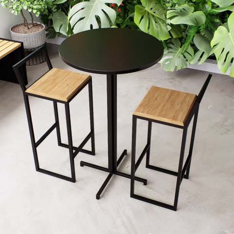 Conjunto Mesa Alta Bar Bistrô Redonda Preta 2 Banquetas Confort Pinus Industrial Black Don Castro de