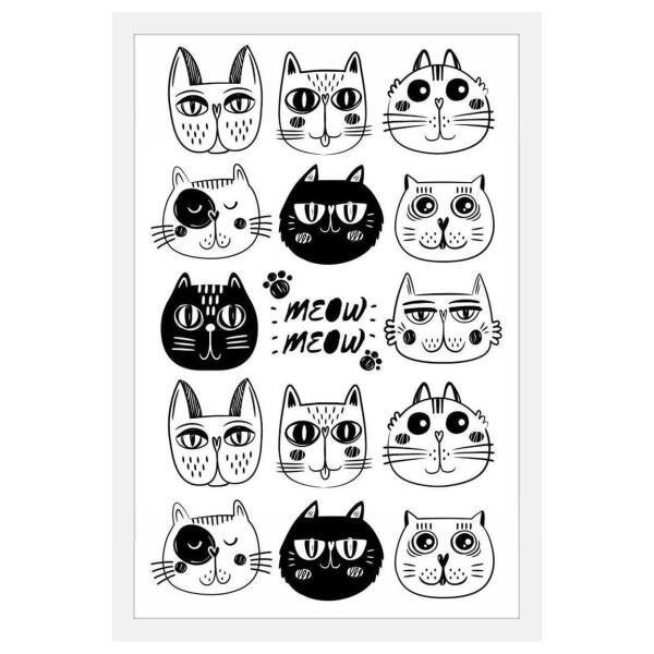 Quadro Decorativo Pet Desenhos de Gatos em Preto e Branco com Moldura Branca  40x60cm