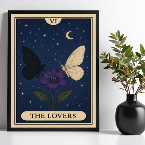 Quadro Carta Tarot The Lovers - Borboletas 45x34cm:moldura Preta