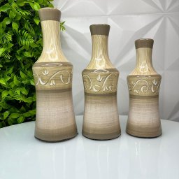 Trio decorativo vaso garrafa bege artesanal de cerâmica - 3