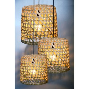 Kit 3 Lustre Rustico Pendente Luminária Teto Taboa Fibra Natural Tamanhos P M G KIT Com 3 Peças:Kit 