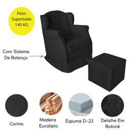 Poltrona Decorativa Amamentação Balanço e Puff Corino Aquila Preto - 4
