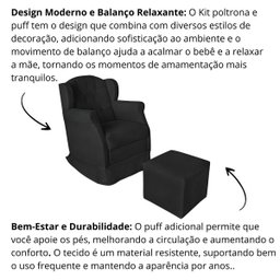 Poltrona Decorativa Amamentação Balanço e Puff Corino Aquila Preto - 5