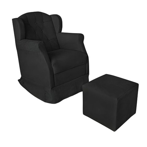 Poltrona Decorativa Amamentação Balanço e Puff Corino Aquila Preto