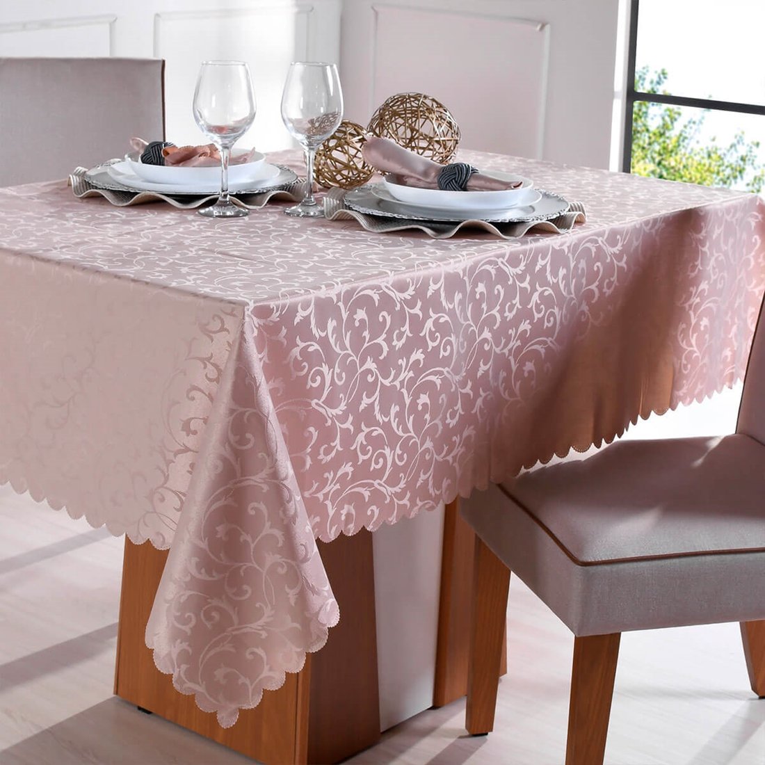 Toalha de Mesa Quadrada 6 Lugares Jacquard Bege