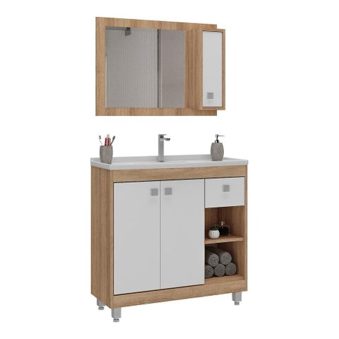 Gabinete Banheiro com Cuba e Espelheira 80cm Multimóveis CR10102 Castanho Argel/Branco