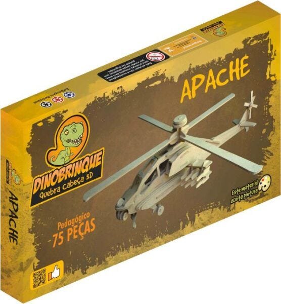 Quebra Cabeça 3D Helicóptero Apache 75 Peças em MDF - Dinobrinque