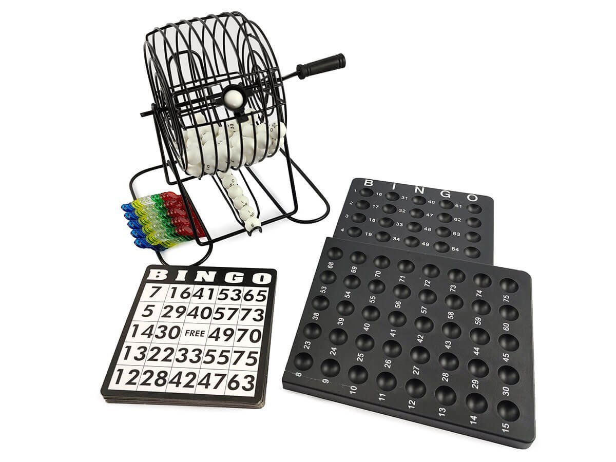 Jogo de Bingo Globo Metal 75 bolas Com Cartelas Reutilizável Suporte para bolinhas e Marcadores