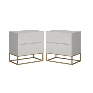 Kit 2 Mesas de Cabeceira para Quarto Off White Modernos 2 Gavetas Pés Dourado Estilo Industrial 45cm