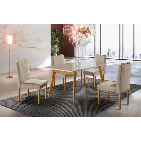 Conjunto Sala de Jantar 4 Lugares Dallas Mesa e Cadeiras Madeira Maciça Tampo com Vidro
