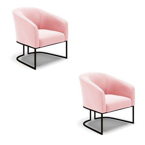 Kit 2 Poltronas Stella Suede Base Industrial Preto - D’Rossi Cor Rosa Bebê
