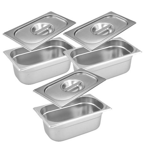 Conj 3 Cuba Gastronômica Inox GN 1/9x65 mm 0,67 L sem alça COM TAMPA