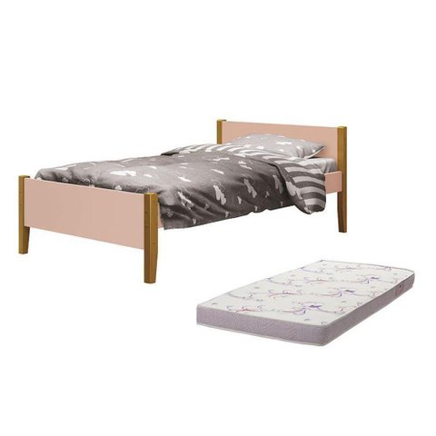 Cama Solteiro Simba Rosa Fosco Pés Amadeirado com Colchão D20 - Reller Móveis Rosa Fosco