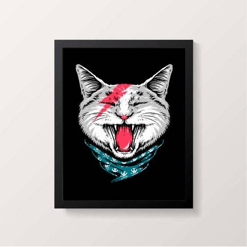 Quadro Decorativo Gato Do Rock 24x18cm - com vidro:Madeira preta