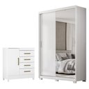 Ver imagem 1 de Guarda Roupa Casal Riva Branco Amêndola Touch Flex com Espelho e Pés e Cômoda Montevideu Branco