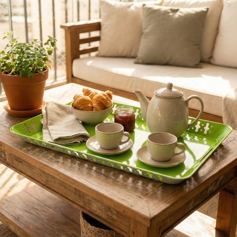 Bandeja Decorativa de Metal Verde Grande com Detalhes Nas Bordas