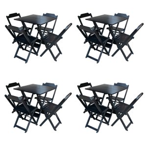 Kit 4 Jogos de Mesa com 4 Cadeiras de Madeira Dobrável 60x60 Ideal para Bar e Restaurante - Preto