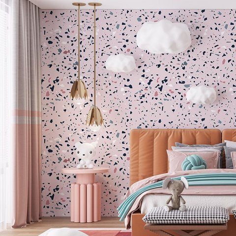 Papel de Parede Adesivo Granilite Rosa com Azul Escuro - 3,3m