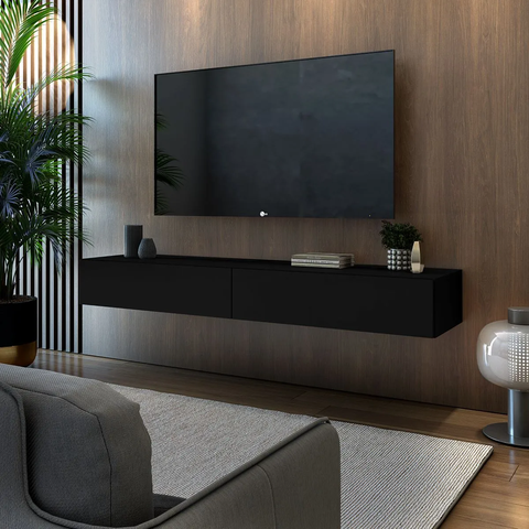 Rack Suspenso Eros 140cm para Tv até 55'' Mdf 2 Gavetas Mdf Alto Padrão Sala de Estar:preto