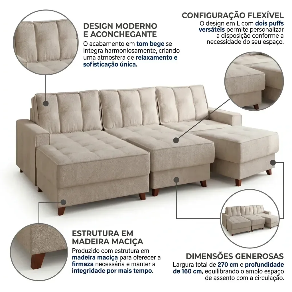 Ver imagem 4 de Conjunto com 1 Sofá e 2 Puffs Tiêta L Yescasa Bege